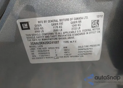 2013 Chevrolet Equinox 1Lt из США, поврежденный, VIN 2GNALDEK2D6241687